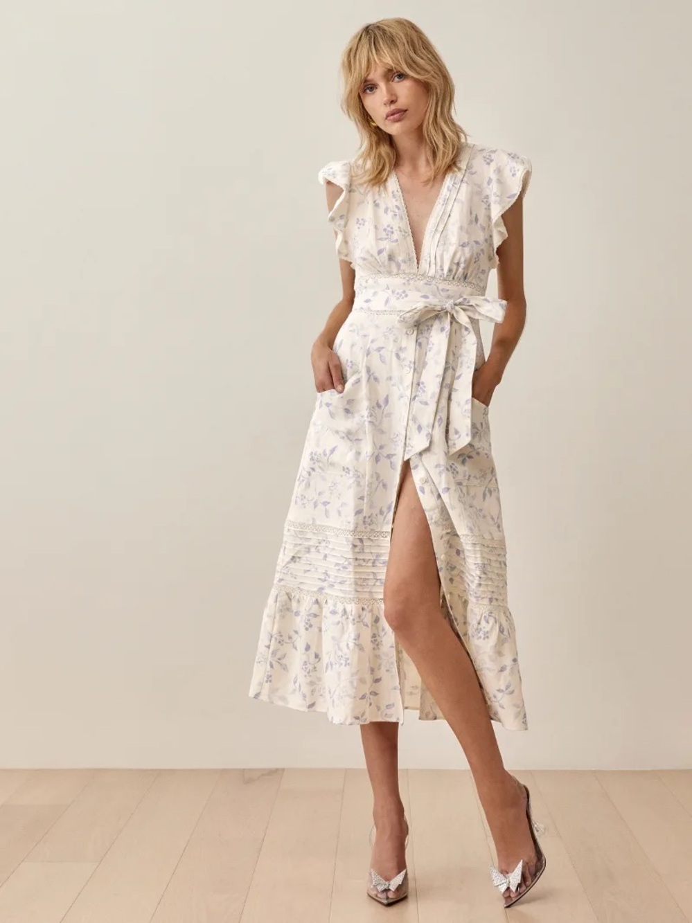 Reformation Ivory Maxi Dress with Lavender Floral Print